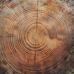 Fototapeta premium Cross section of cut wood tree trunk slice with wavy pattern cracks and rings sawed down from woods