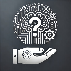 AI challenges symbolized by brain, question mark, and gears