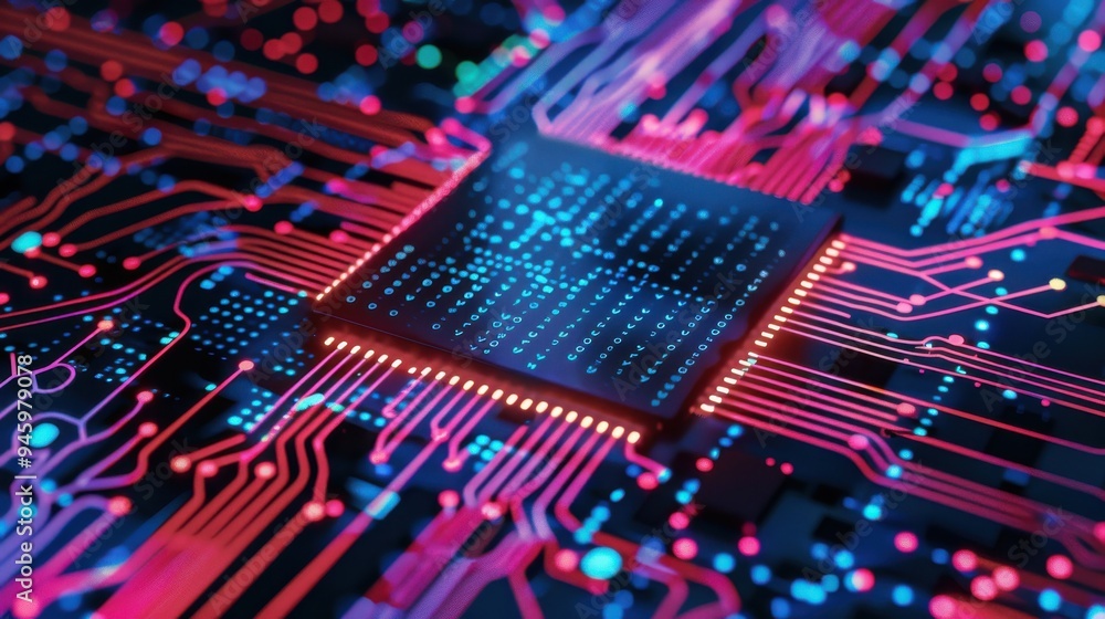 Poster close-up of illuminated microchip with complex circuitry