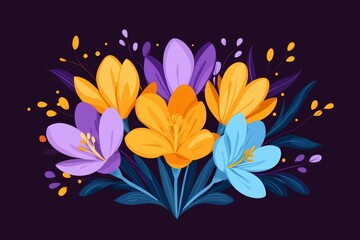 Crocuses with yellow leaves on a dark red background with bright colors and orange tones