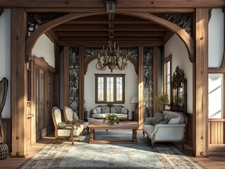 A cozy and inviting 3D rendered farmhouse living space featuring an ornate wooden frame a vintage chandelier plush seating and a blend of natural and industrial design elements