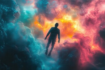 Naklejka premium A figure floats effortlessly in vibrant neon waves, surrounded by a surreal and fluid atmosphere, evoking a sense of escapism in an otherworldly space.