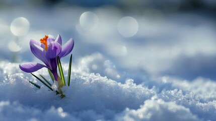 A vibrant crocus flower emerges from a snowy landscape, symbolizing resilience and renewal.