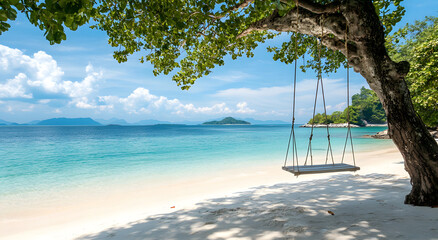 Swing Hanging from a Tree on an Empty Beach
