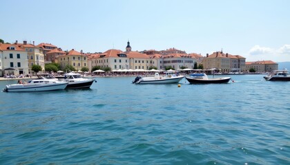 Obraz premium Vibrant harbor scene with boats and waterfront buildings
