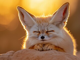 Fennec Fox with Soft Sandy Fur and Closed Eyes, Basking in the Warm Sunset Light, Perfect for Wildlife Photography or Desert-Themed Nature Articles and Educational Content