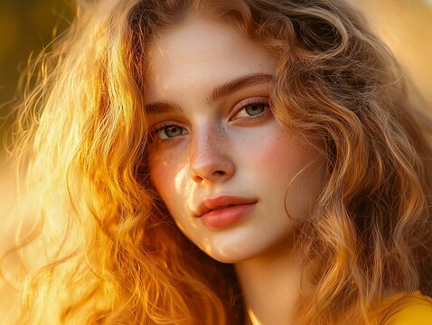 Portrait of a Young Woman with Long Curly Hair in Golden Light, Ideal for Beauty Photography, Fashion Campaigns, or Editorial Features on Natural Beauty and Lifestyle