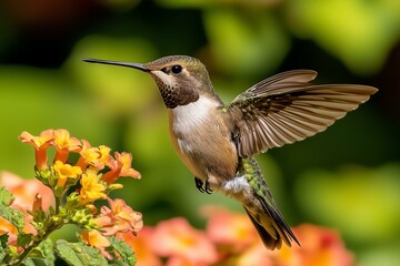Fototapeta premium Hummingbird Feeding Near Flowers, Showcasing Its Quick Movements and Vibrant Colors, Suitable for Wildlife Photography Prints or Nature Conservation Materials