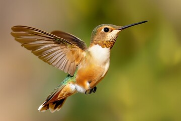 Fototapeta premium Hummingbird Hovering in Flight with Delicate Wings and Iridescent Feathers, Captured in Natural Habitat, Perfect for Birdwatching Art or Wildlife Photography Projects