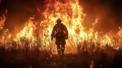 fireman fighting a great fire.