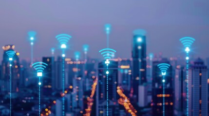Obraz premium Smart city with wireless network icons over urban skyline