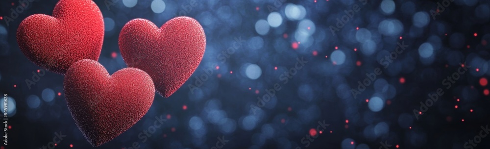 Poster the background is dominated by a red background with a number of glowing hearts floating upwards aga