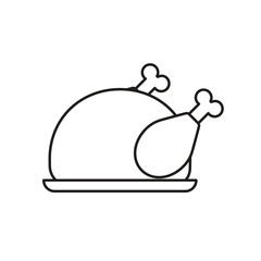 Roast turkey chicken on a plate for Thanksgiving or harvest festival. Baked grilled chicken, Fried white meat chicken. Vector illustration in outline style.