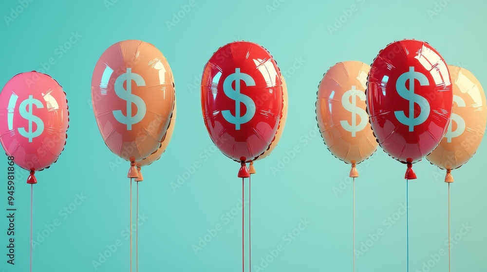 Poster a series of balloons with financial symbols inflating rapidly and then deflating, positioned against