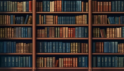 A richly detailed bookshelf filled with various books in a library setting.