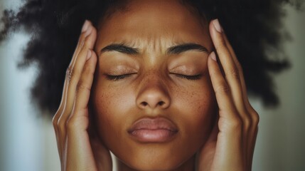 Fototapeta premium A young person with curly hair closes their eyes tightly and holds their head in a distressed manner, visibly overwhelmed by stress. Generative AI