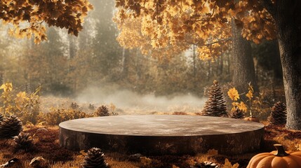 Autumn Stage Mock-Up with Podium, Harvest Elements, and Changing Leaves in a Serene Setting. AI generated illustration