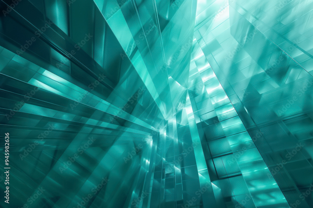 Poster futuristic digital artwork with angular patterns against a dynamic cyan gradient background.