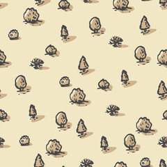 Seamless pattern of old map. Hand drawn forest top view. Park view from above. Doodle background with different trees