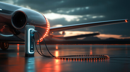 Close up of an electric aircraft charging port connected to a sleek charging station futuristic, A sleek futuristic vehicle or aircraft used for corporate travel