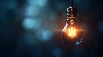 Glowing light bulb suspended in mid air illuminating a dark and empty conceptual space representing the power of ideas innovation and creative thinking