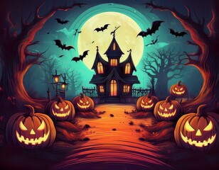 Scary halloween background with pumpkins, bats, and haunted house