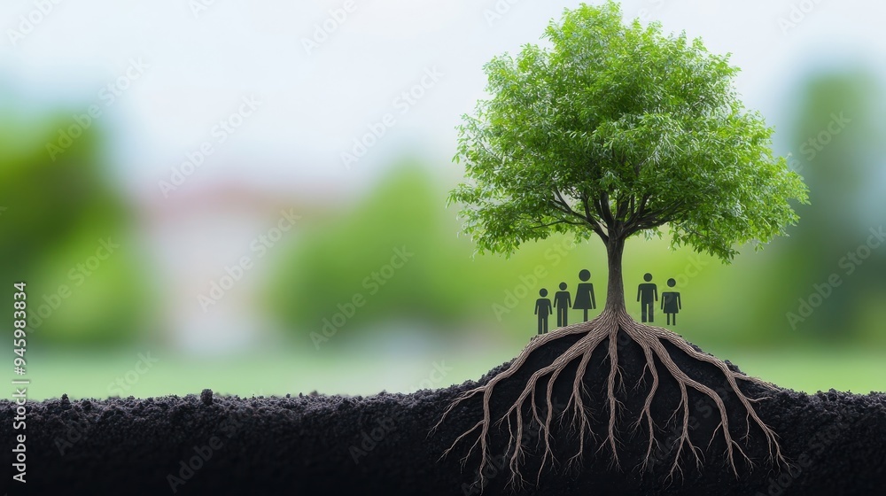 Poster a tree with deep roots symbolizing stability, where each root represents different aspects of life i