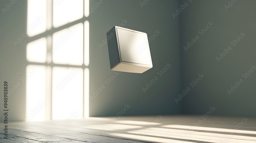 Poster conceptual image depicting a light switch floating effortlessly in a serene open space symbolizing t