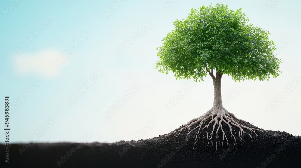 Poster a tree with deep roots symbolizing stability, where each root represents different aspects of life i