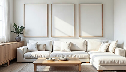 Square coffee table near white sofa and rustic cabinets against white wall with blank poster frames with copy space. Japanese home interior design of modern living room