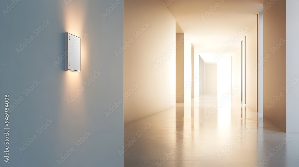 Poster boundless illumination a conceptual image of a light switch in an endless minimalist hallway creatin