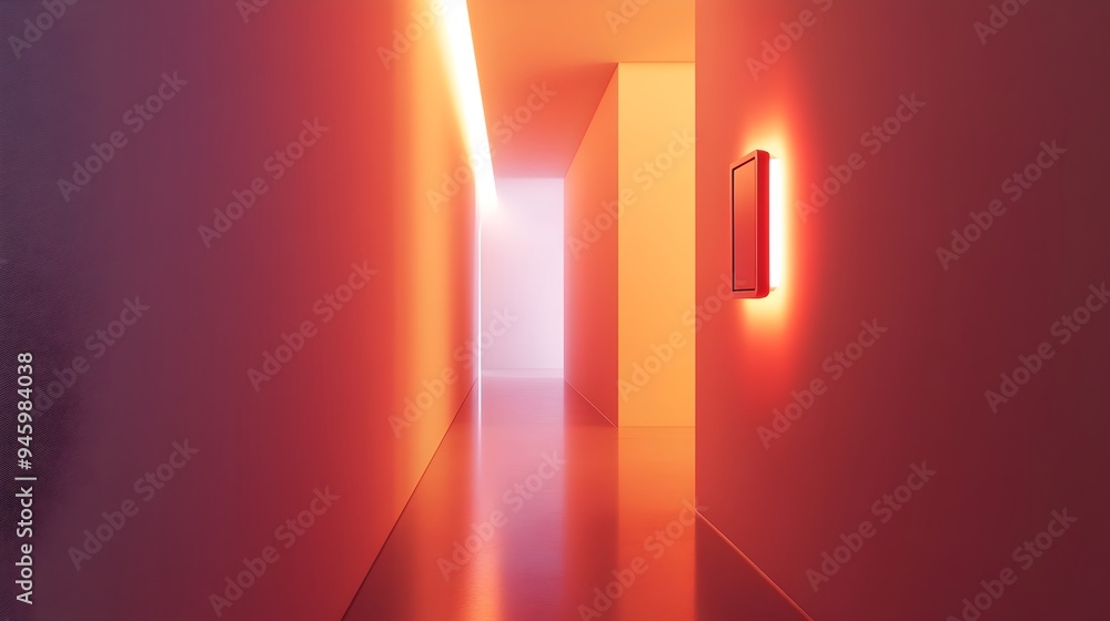 Poster conceptual image of a light switch in an endless minimalist hallway representing the idea of change 