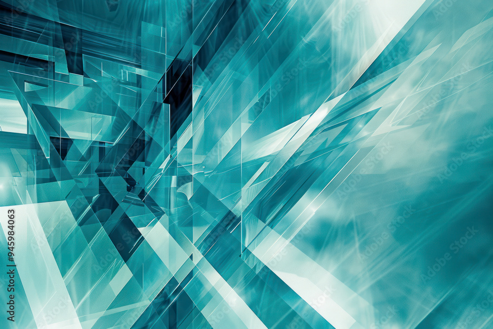 Poster futuristic digital artwork with angular patterns against a dynamic cyan gradient background.