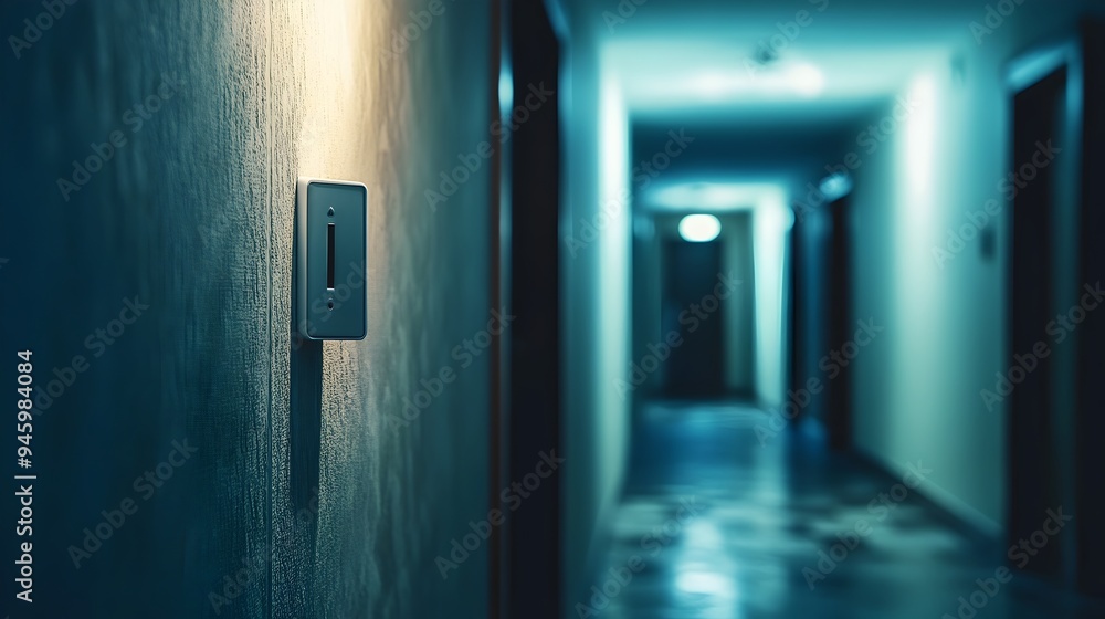Poster a conceptual image showcasing a light switch in an endless minimalist hallway providing ample copy s