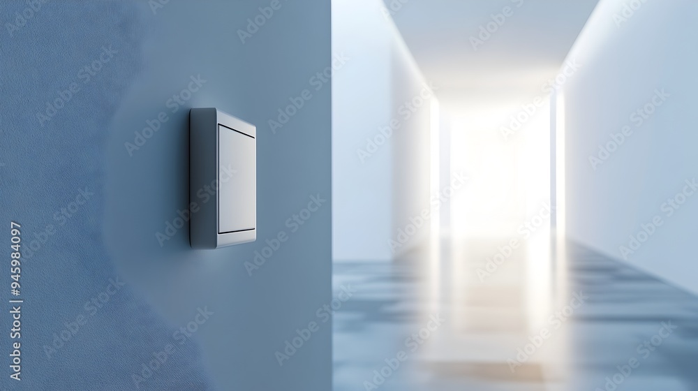 Poster conceptual image of a solitary light switch in an endless minimalist hallway with geometric patterns