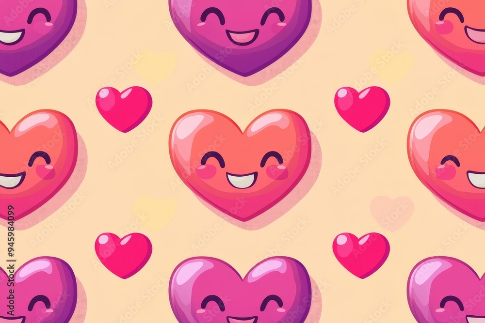 Poster the stock image shows a pattern of cartoon hearts in various shades of pink, featuring faces and smi