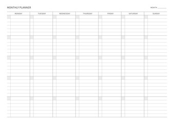 A monthly plan template with a simple and minimal style. Note, scheduler, diary, calendar planner document template illustration.