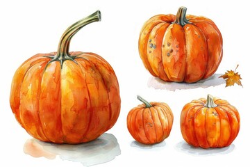 Orange watercolor pumpkins on isolated white background with different angles