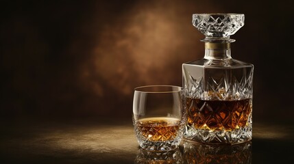Prestigious whiskey bottle and glass standing on a wooden table in a dark cinematic lighted and smoky room. Whisky decanter and glass with luxurious atmosphere on dark brown background 