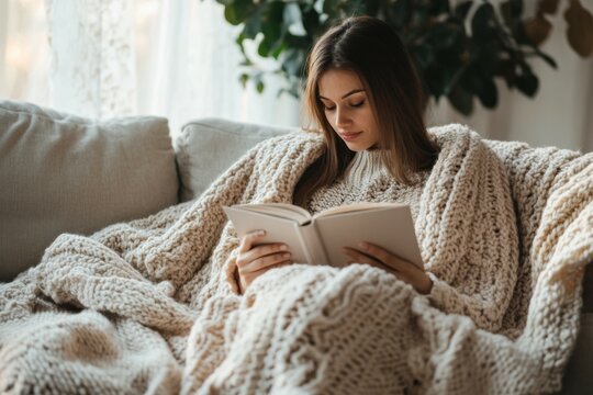 A woman enjoys a quiet evening on the couch wrapped in a cozy blanket while reading a book under warm lights promoting relaxation and self-care.