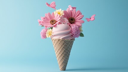 A playful 3D clay icon of an ice cream cone adorned with vibrant spring flowers floating against a serene blue background.