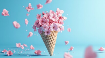 A playful 3D clay icon of an ice cream cone adorned with vibrant spring flowers floating against a serene blue background.