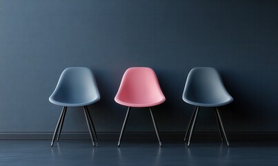 A row of modern 3D chairs displaying a striking contrast, featuring three grey chairs with one vibrant pink chair against a dark grey background.