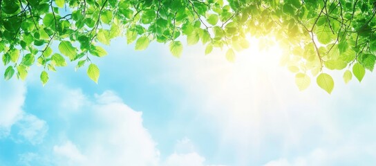 Obraz premium This banner features the sun shining through blue skies and green leaves, creating an atmosphere of tranquility and nature Stock