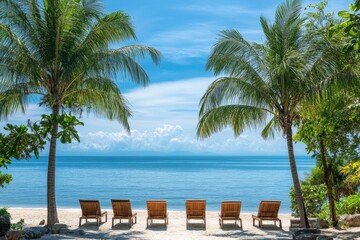 Fototapeta premium Summer Resort Beach Sea Relax Travel Vacation Palm Tropic Copy Space Banner Background Hotel , ai