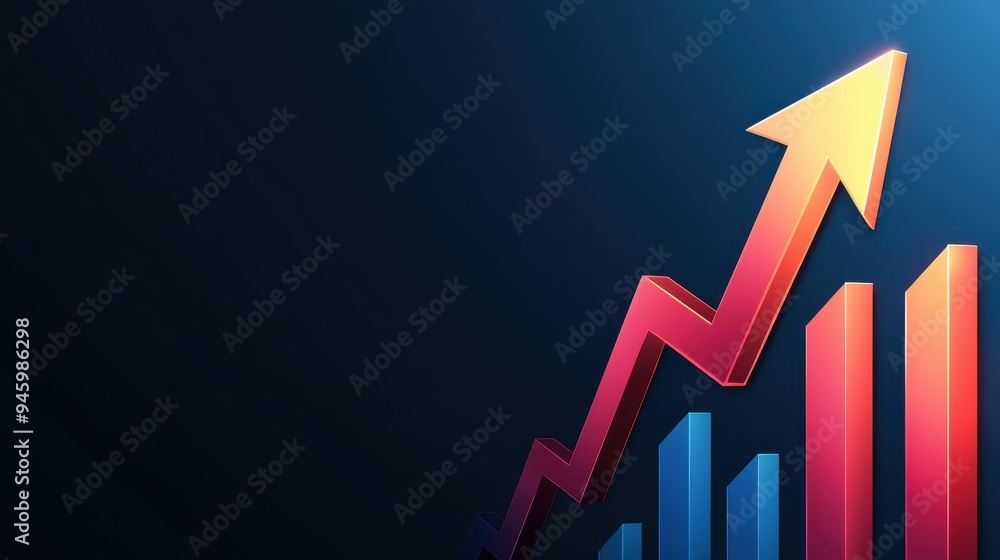 Poster an upward trending financial chart with various line graphs, data points, and a prominent upward arr