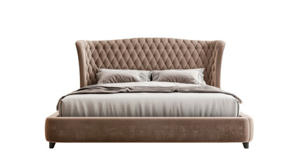 Luxurious upholstered bed with tufted headboard and soft bedding, creating cozy and inviting atmosphere. 