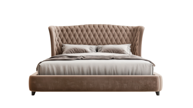Luxurious upholstered bed with tufted headboard and soft bedding, creating cozy and inviting atmosphere. 