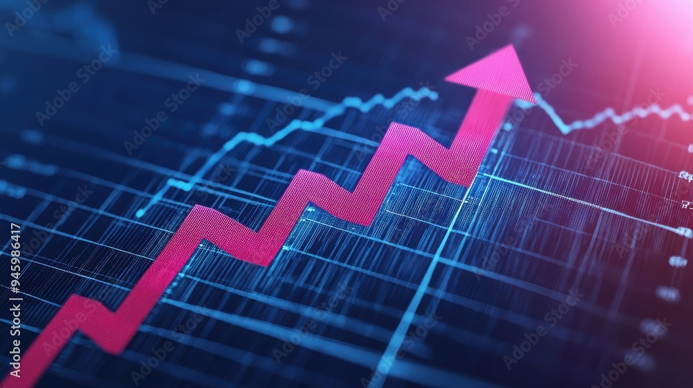 Poster an upward trending financial chart with various line graphs, data points, and a prominent upward arr