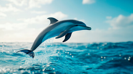 Fototapeta premium Happy dolphin jumping outside the blue sea water at sunny day.